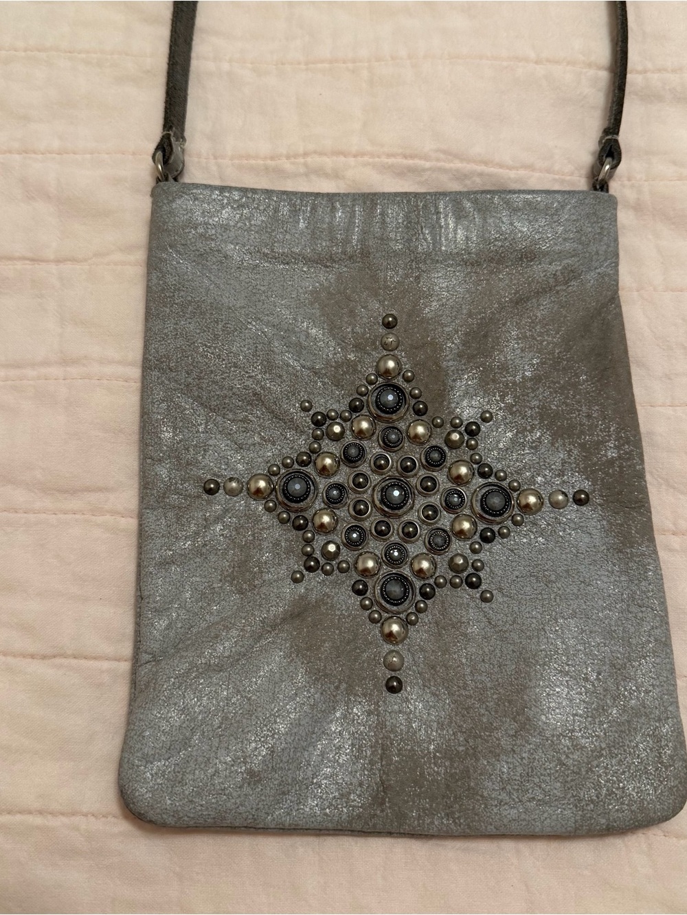 Leatherock Grey Studded Distressed Leather Cell Phone Pouch Crossbody Purse